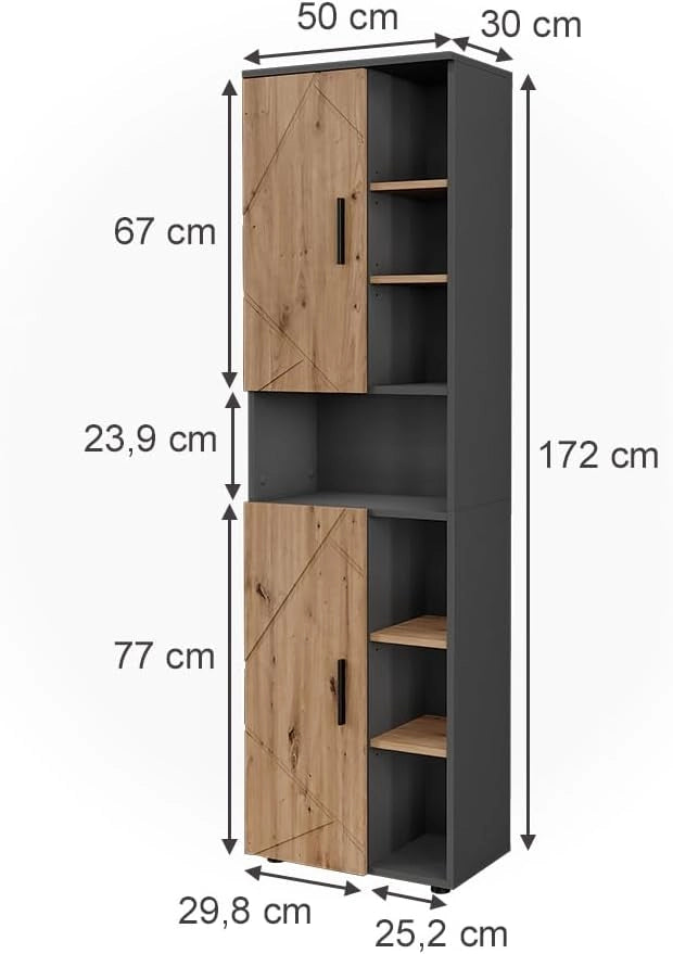 Mobile alto Irma, Antracite/Artisan, 50 x 172 cm con 2 porte, con cesto della biancheria integrato per la separazione dei tipi di bucato
