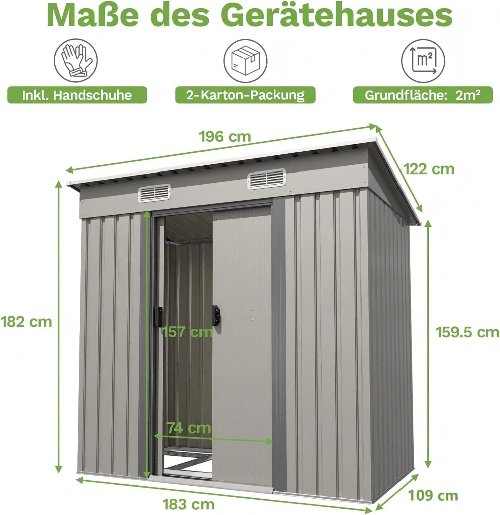 Casetta in metallo per attrezzi 183x109x182 cm con base, 3,6 m³, casetta