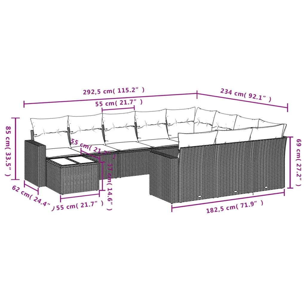 Set Divani da Giardino 11 pz con Cuscini in Polyrattan Nero 3251863