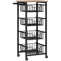 Carrello da Cucina con 4 Cestini Estraibili, Ruote e Freni, Acciaio e Legno, 49.5x31x91 cm, Rovere