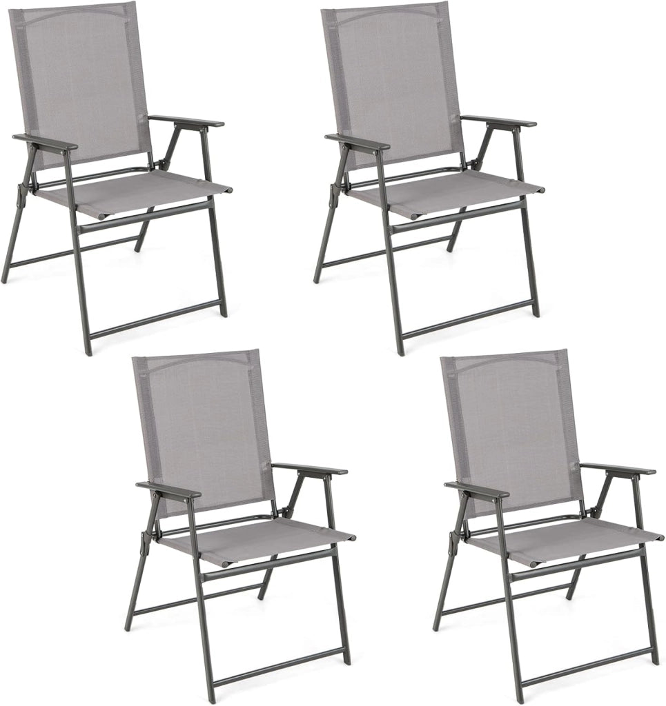 Set di 4 sedie da giardino pieghevoli, con schienale alto e bracciolo, in metallo e tessuto, portata fino a 150 kg, colore: grigio