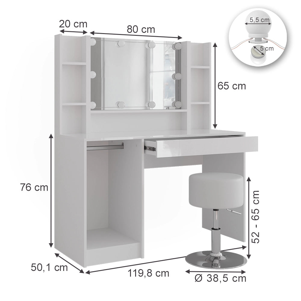 Vicco Tavolo da toeletta Bianco/bianco lucido 119.8 cm 5 parti