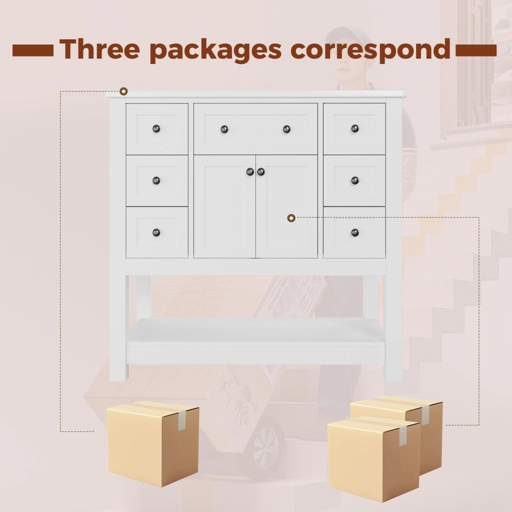 Mobile sottolavabo con lavabo in ceramica, 6 cassetti, 1 cassetto ribaltabile, ante e vani aperti, per bagno, bianco