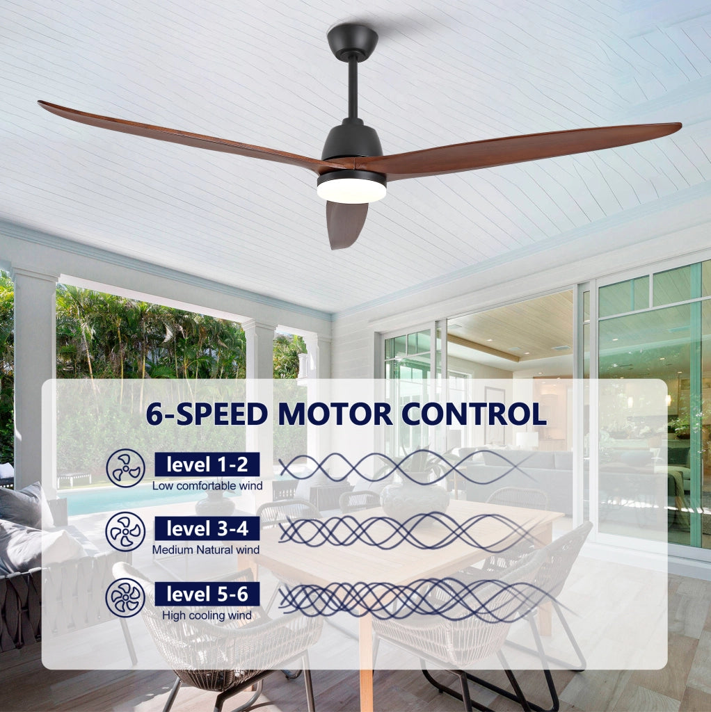 Ventilatore da soffitto moderno da 72 pollici con 3 pale in legno d'acero; luce LED dimmerabile; nero e noce scuro