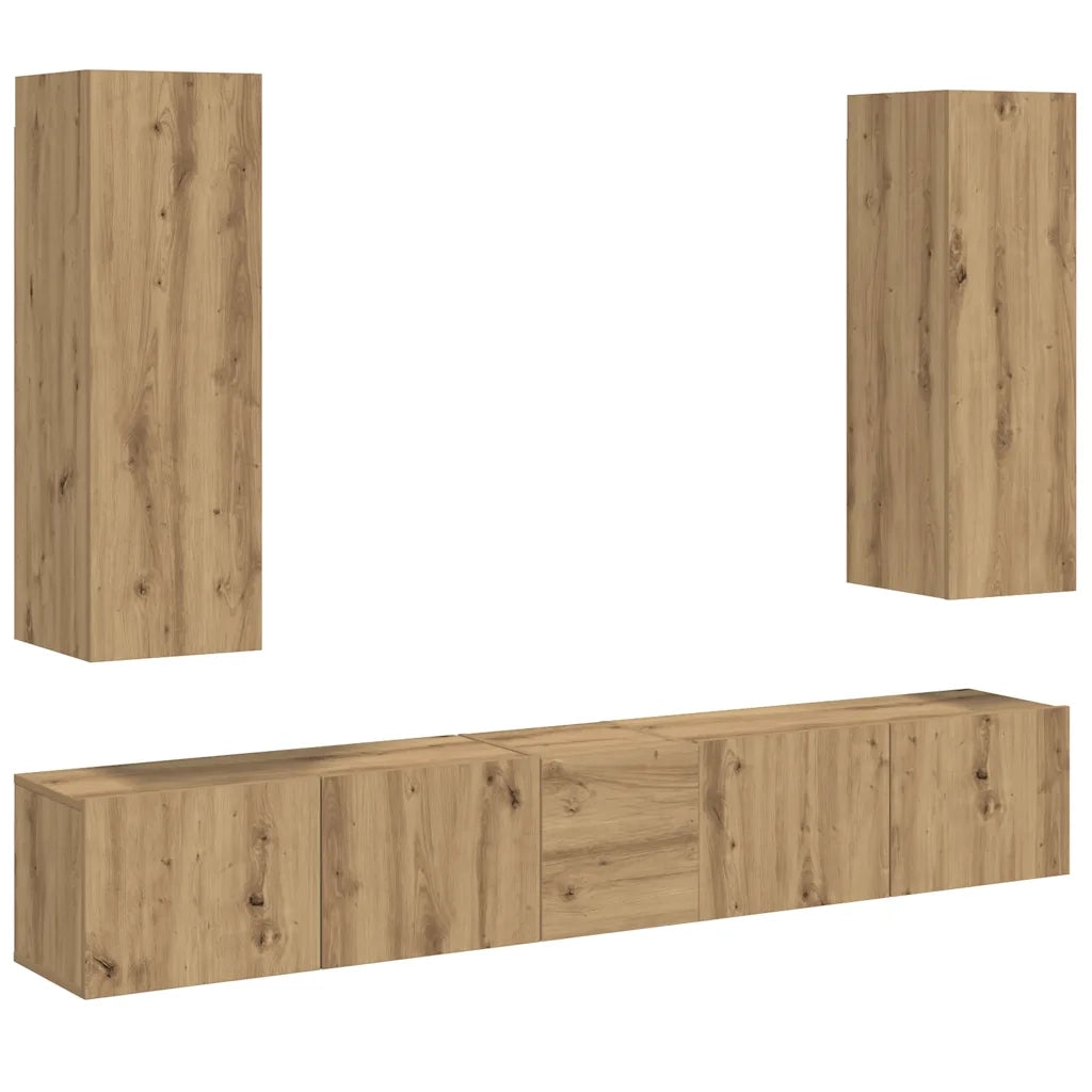 Mobili TV a Parete 5 pz Rovere Artigianale in Legno Multistrato