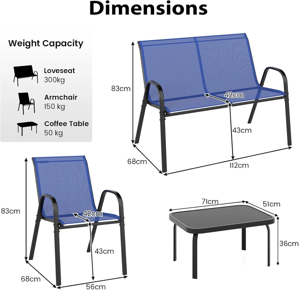 Set Tavolo e Poltrona da Giardino, Set di Mobili 4 Pezzi per Esterno, con Tavolino in Vetro Temperato, Panca e 2 Poltrone, per Giardino Balcone Piscina (Blu)