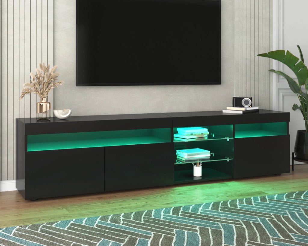 Mobile porta tv moderno con LED variabile, pannello lucido in MDF e vetro laminato nero 180 × 35 × 48 cm