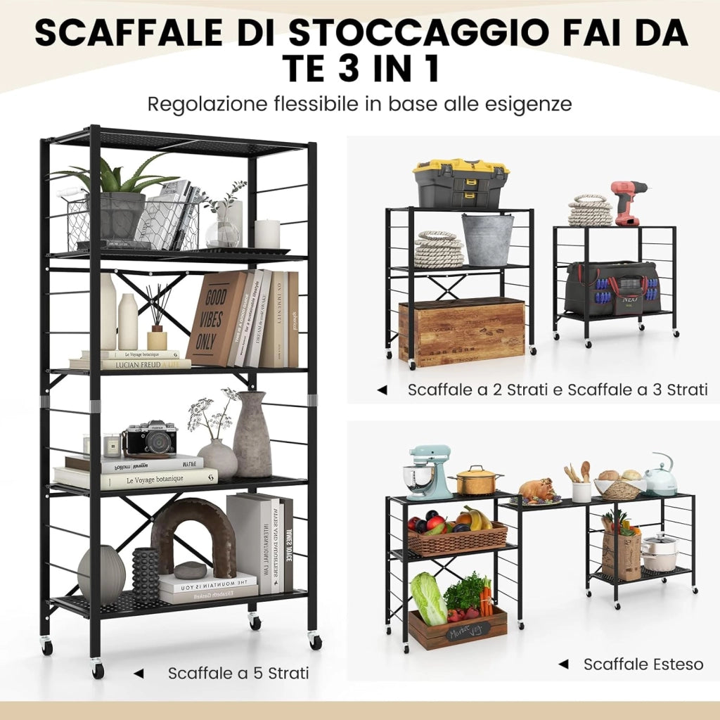 Scaffale Pieghevole con Ruote, Scaffale in Metallo con 5 Ripiani, Mobile in Metallo con Ripiani Regolabili e Grande Capacità da Cucina Balcone Soggiorno, Nero