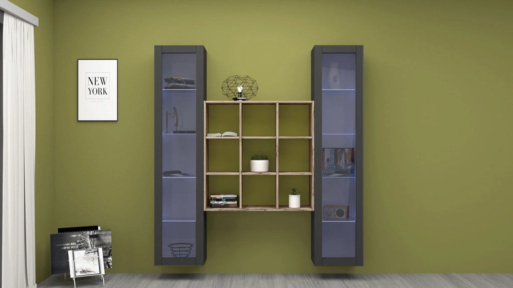 Parete Attrezzata Soggiorno 170x30x180 cm Maruska n°28 Grigio Antracite Opaco/Rovere Wotan