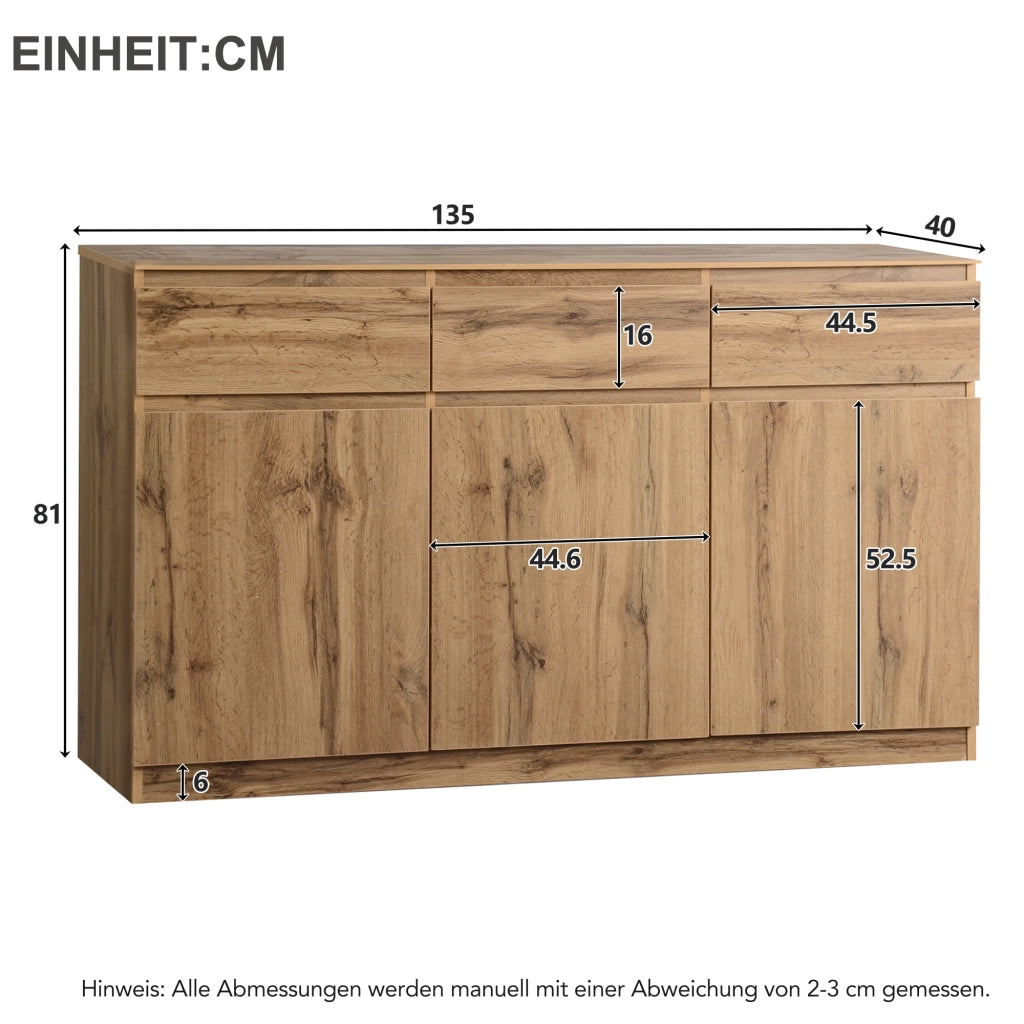 Credenza Multifunzione con 3 Ante e 3 Cassetti in Legno ¨C Xylo ¨C 135x40x81 cm