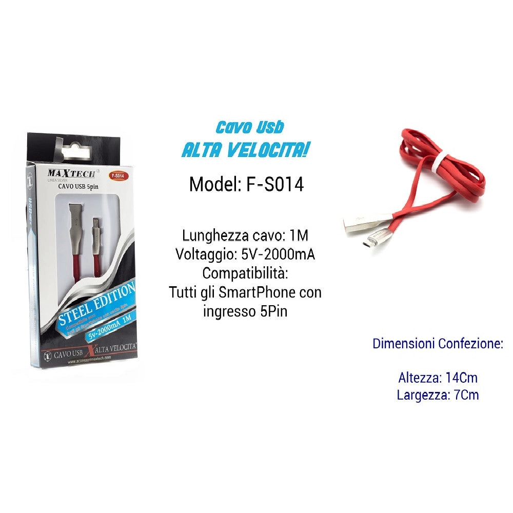 Trade Shop - Cavo Steel Edition Per Smartphone Uscita 5pin 5volt - 2000ma 1,00mt Maxtech F-s014 -