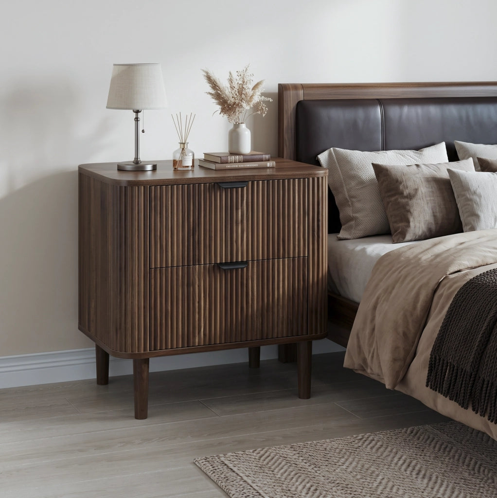 COMODINO 2 Cassetti MDF Color Noce con Frontali Scanalati