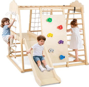 8 in 1 Set da Arrampicata per Bambini, Palestra in Legno da Interno con Sbarre Scivolo Altalena Scala in Corda e Roccia/Rete da Arrampicata, per Bambini 3 Anni+ (Naturale)