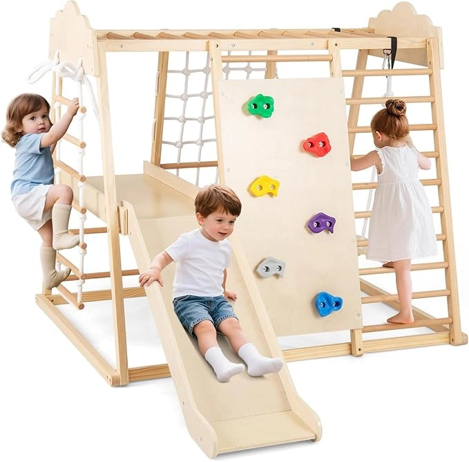 8 in 1 Set da Arrampicata per Bambini, Palestra in Legno da Interno con Sbarre Scivolo Altalena Scala in Corda e Roccia/Rete da Arrampicata, per Bambini 3 Anni+ (Naturale)