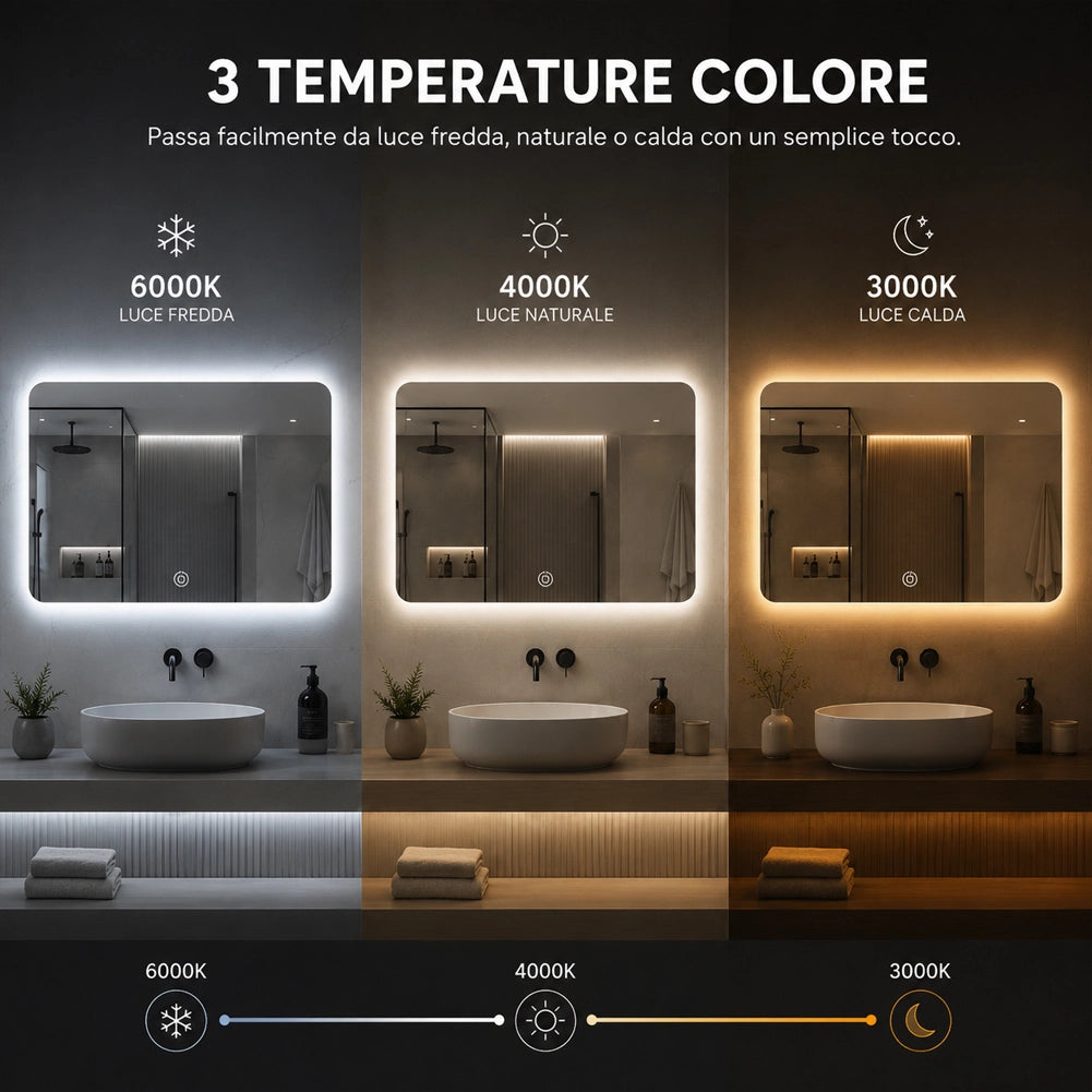 Specchio Led Rettangolare con Led 3 Colori Dimmerabile 70x50 cm Pulsante Touch