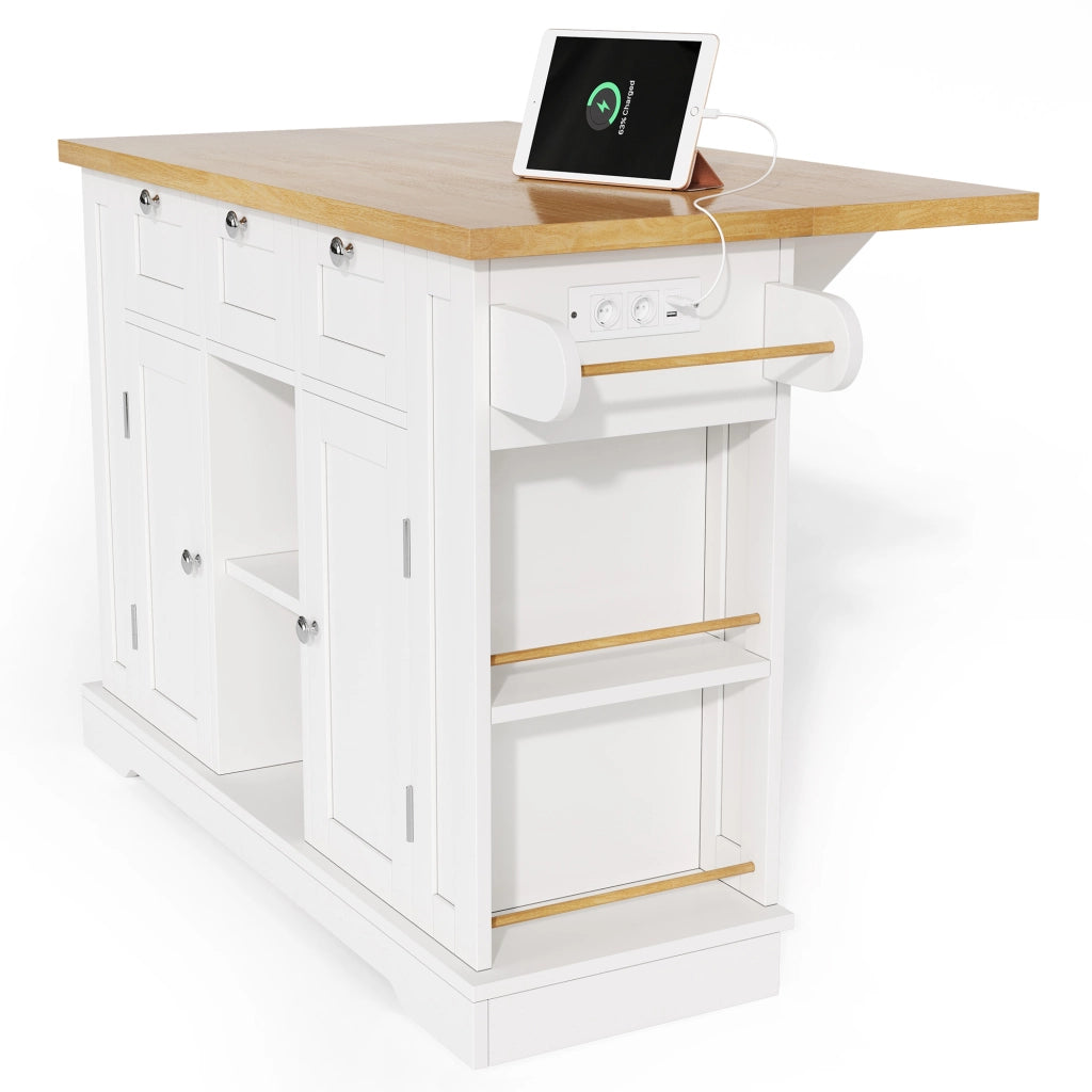 Isola da Cucina Mobile 132x40/70x87 cm Bianca e Legno con Piano Ribaltabile; Prese USB e Cassetti