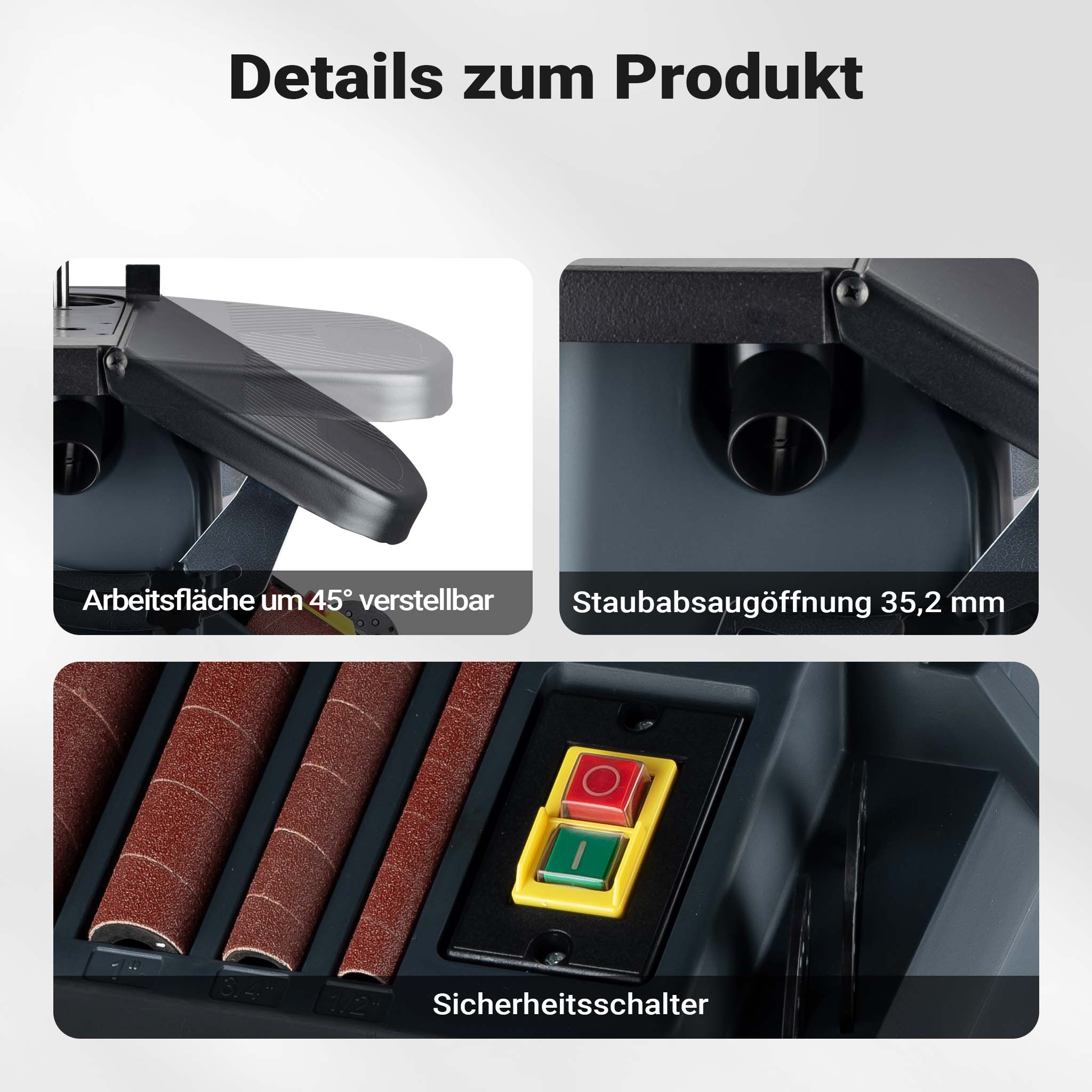 Levigatrice a mandrino oscillante 500 W, 2000/min, funzionamento a rullo e a nastro, con 5 bussole, Smerigliatrice