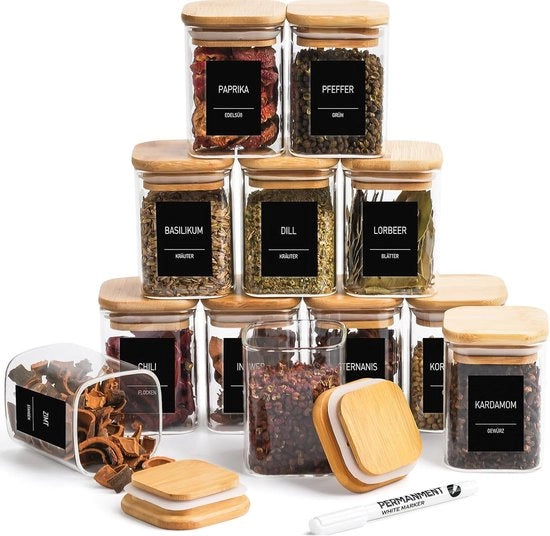 Set di contenitori in vetro per erbe con coperchio in legno - set di 12 - 180 ml - quadrato