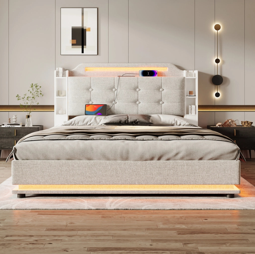 Letto matrimoniale imbottito 140x200 cm in lino beige con LED; contenitore idraulico e porte USB + Type-C