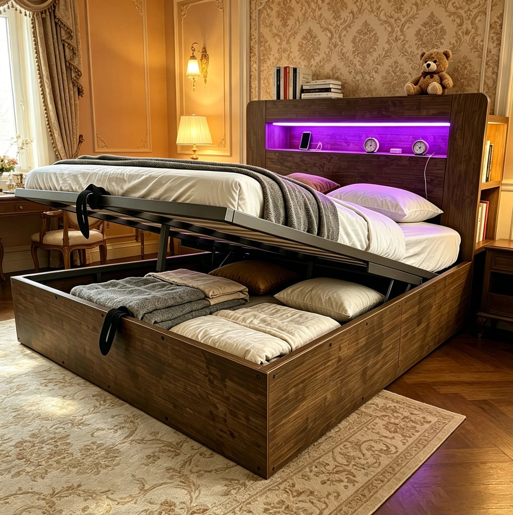 Letto 140x200 con contenitore idraulico, LED e prese