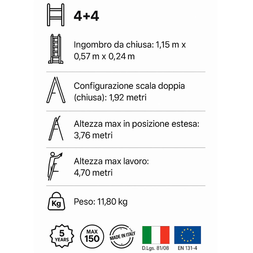 Scala multifunzione telescopica 4 + 4 in alluminio en131-4 d.lgs. 81/08