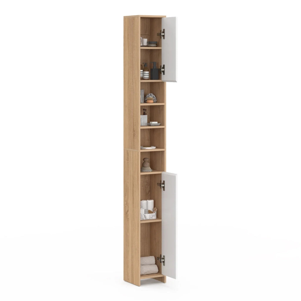 IDMarket - Mobile bagno TOMI a 2 ante con 4 nicchie, finitura faggio e bianco