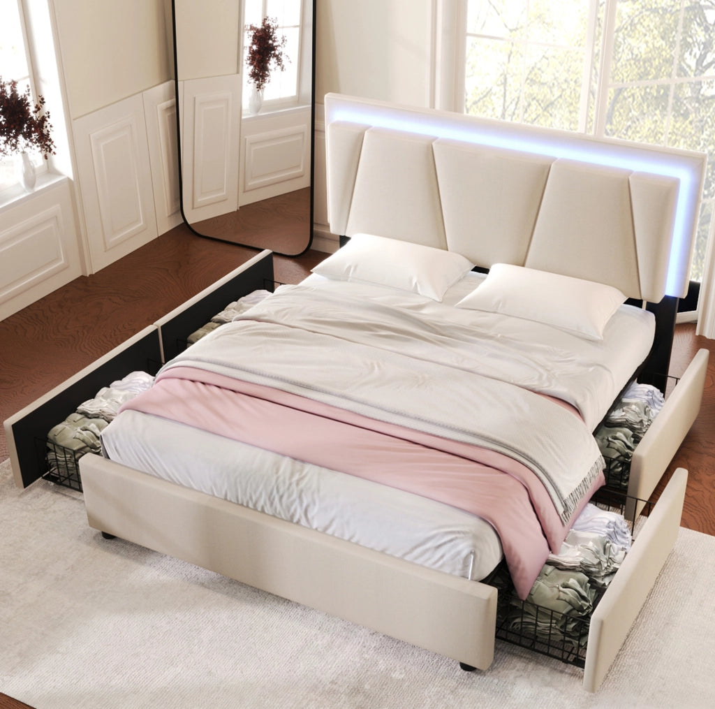 Letto matrimoniale 140x200 cm imbottito con LED; testiera regolabile e 4 cassetti; beige