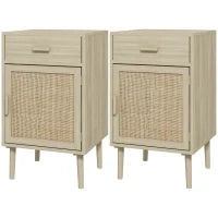 Set 2 Comodini per Camera da Letto con Cassetto e Anta in Rattan Stile Boho, Colore Legno