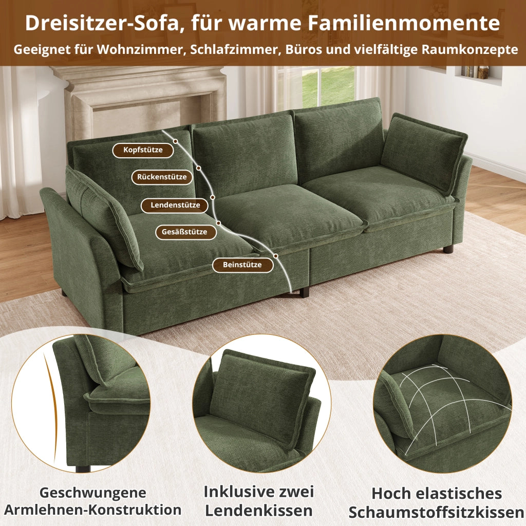 Divano modulare 3 posti con 2 poltrone in chenille con cuscini e struttura in metallo verde 220 × 81 × 87 cm