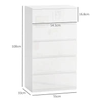 Cassettiera Moderna 5 Cassetti Antiribaltamento in Legno, 55x33x100 cm, Bianco Lucido