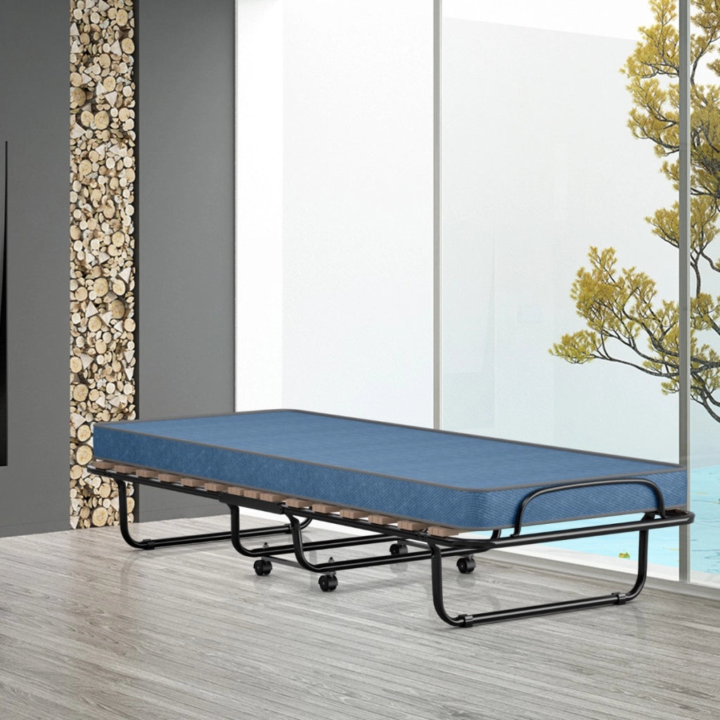 Letto pieghevole con materasso in memory foam spesso, Letto portatile con 4 ruote girevoli 190x80x33cm Blu scuro-Letti e strutture