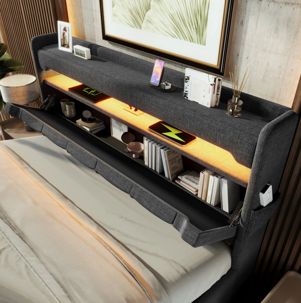 Letto matrimoniale 160x200 cm in lino grigio con LED; USB; contenitore idraulico e materasso