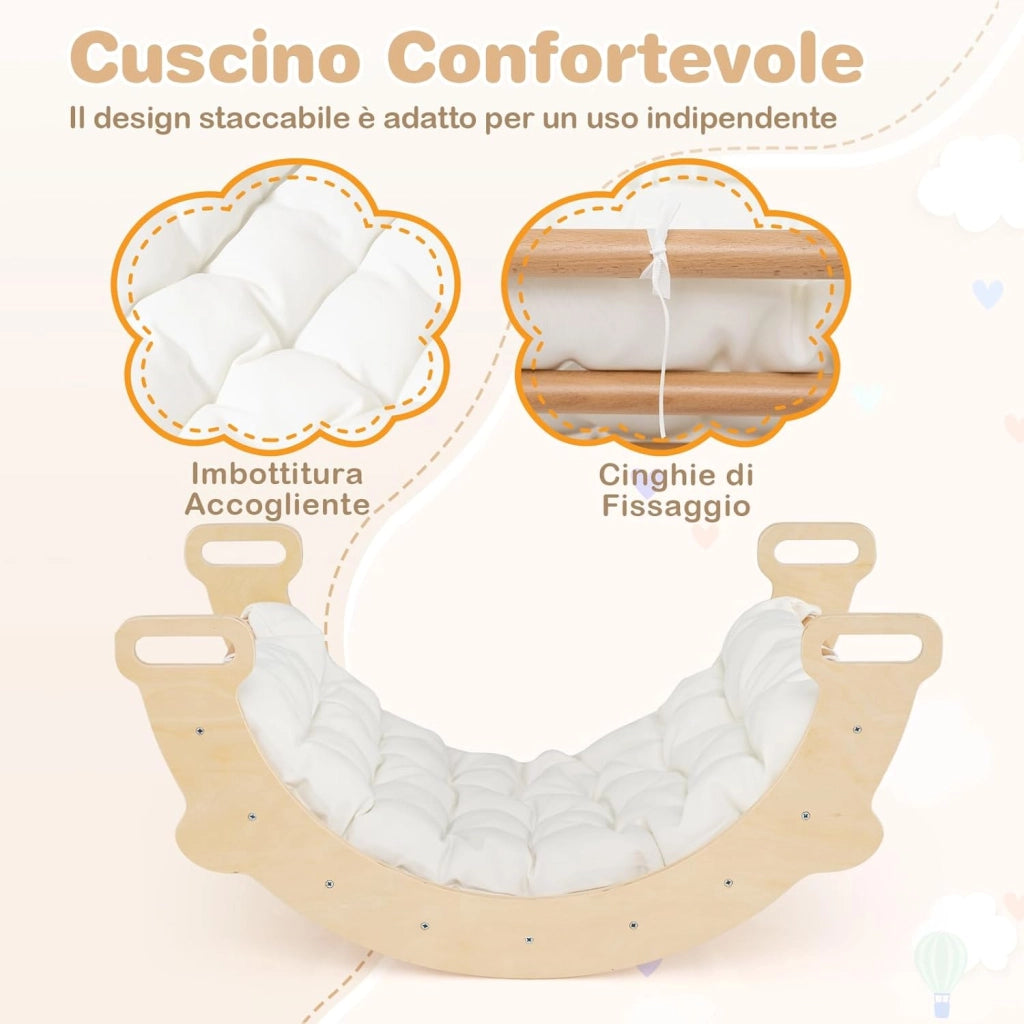 Arco da Arrampicata per Bambini, 3 in 1 Altalena ad Arco in Legno con Cuscino Morbido, Doppia Faccia, Ideale per Bambini 3+ Anni (Stile 2 Naturale)