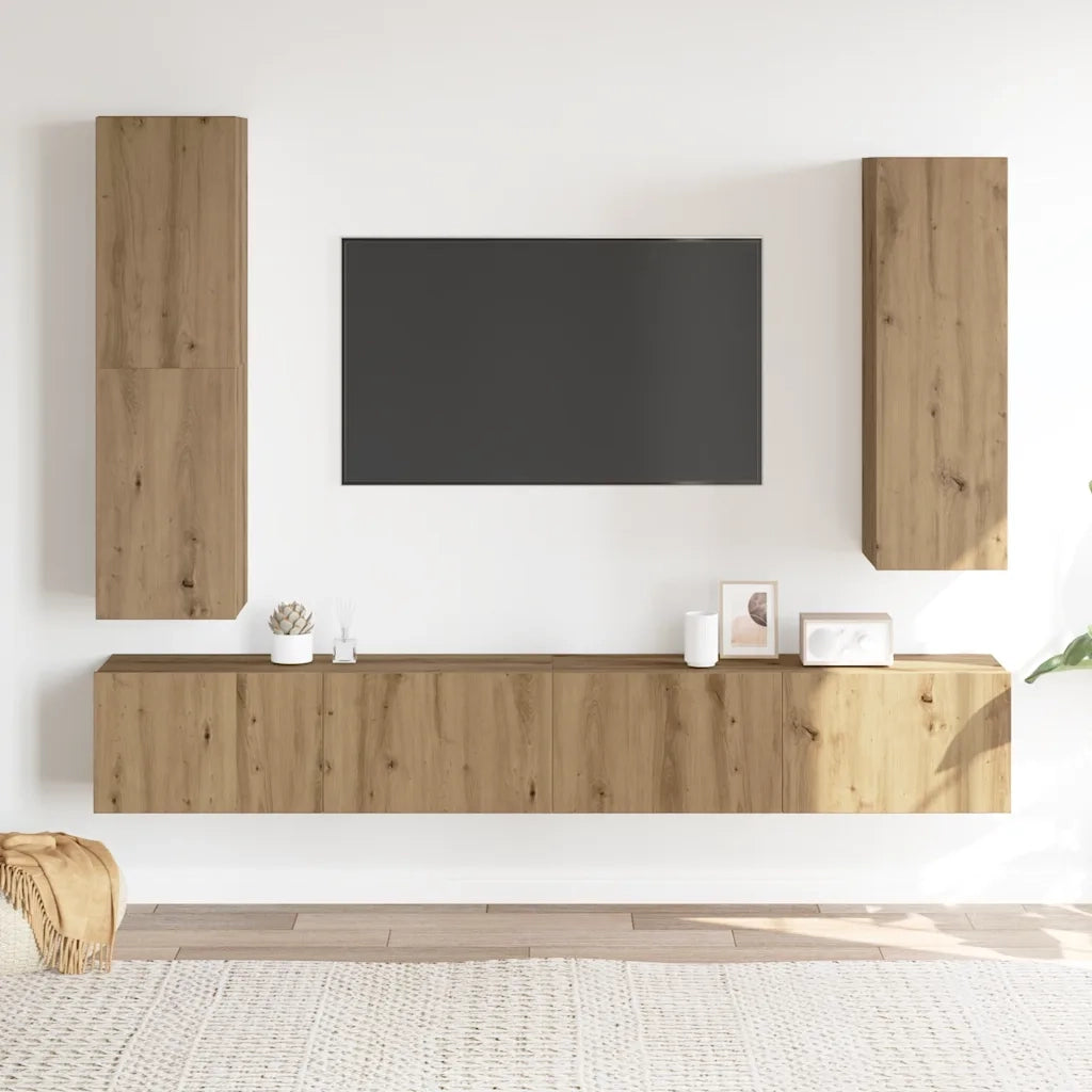 Set Mobile TV 4 pz Montato a Parete Rovere in Legno Multistrato 3329154