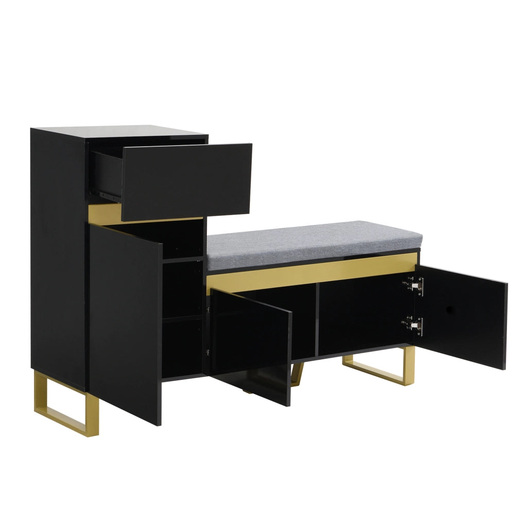 Scarpiera multifunzione con panca e cuscino; 120x35x85 cm; MDF nero lucido con dettagli oro