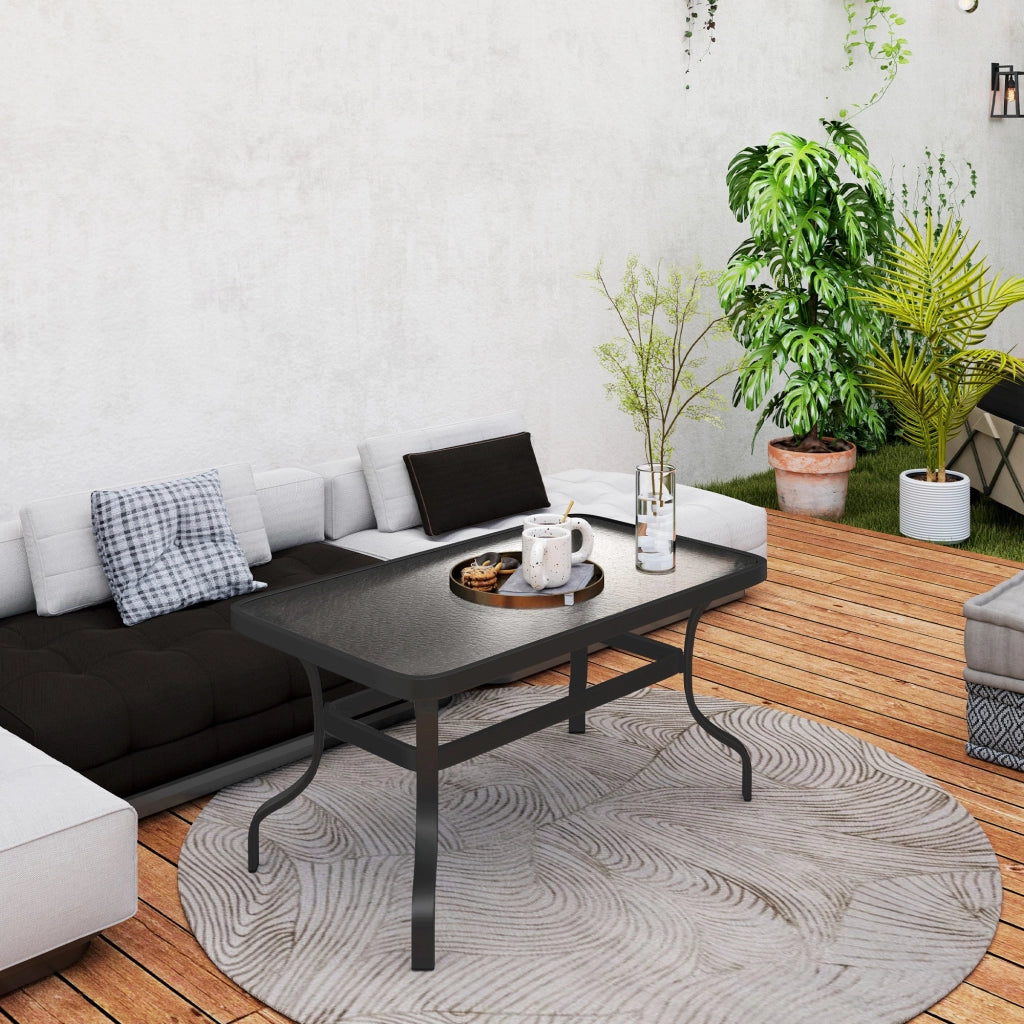 Tavolino da Esterno Rettangolare 95x55x46 cm Piano in Vetro in Metallo Nero