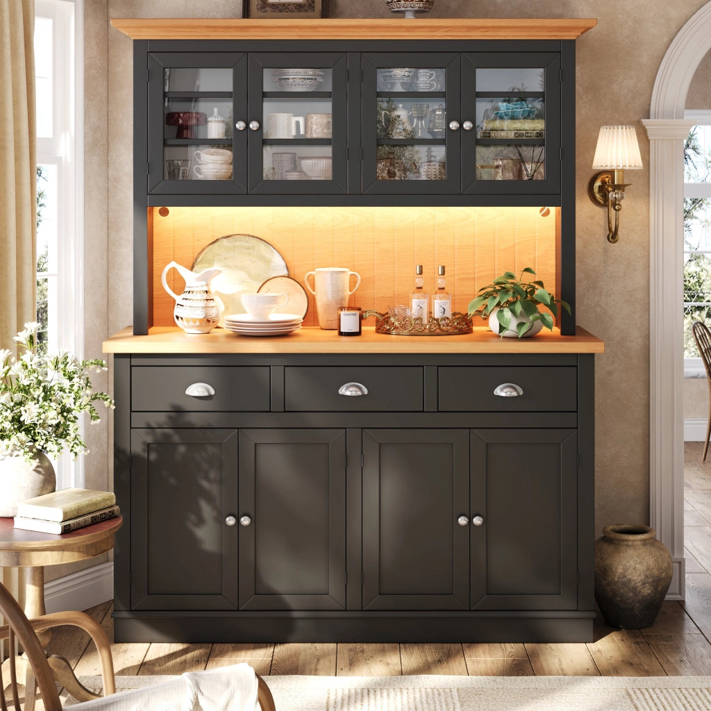 Credenza alta vetrina LED con anta in vetro e ripiani regolabili; per sala da pranzo; nero; 140 × 40 × 180 cm