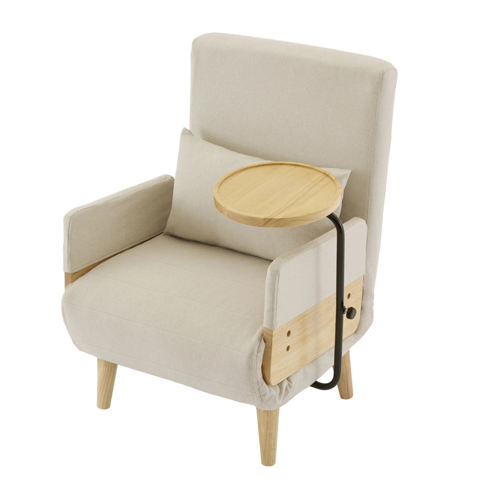 Poltrona reclinabile 3 in 1 in lino beige con tavolino in legno, cuscino e schienale regolabile