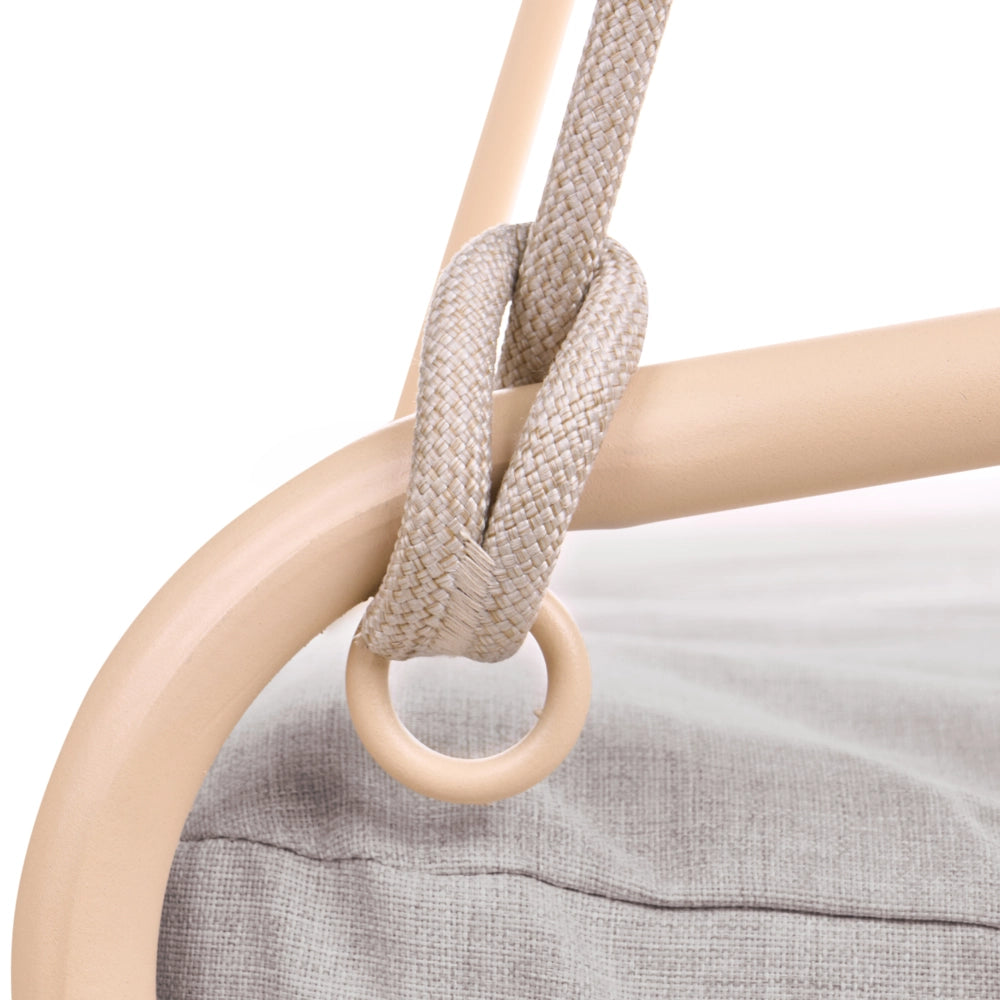 Dondolo da giardino con struttura in acciaio beige, cuscini in tessuto olefinico e schienale in corda intrecciata, a due posti, in stile mediterraneo