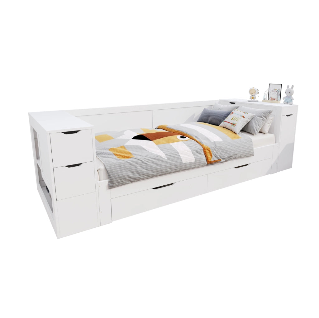 Letto per bambini 90x200 cm con cassetto; contenitore e comodino; MDF bianco
