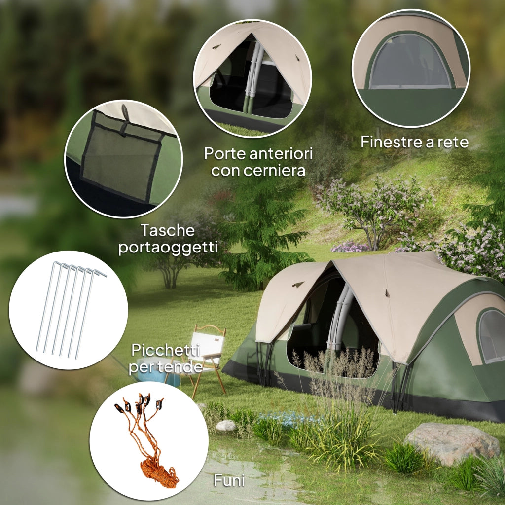 Tenda da Campeggio 450x215x180 cm 6 Posti con 2 Stanze Separate Verde Scuro