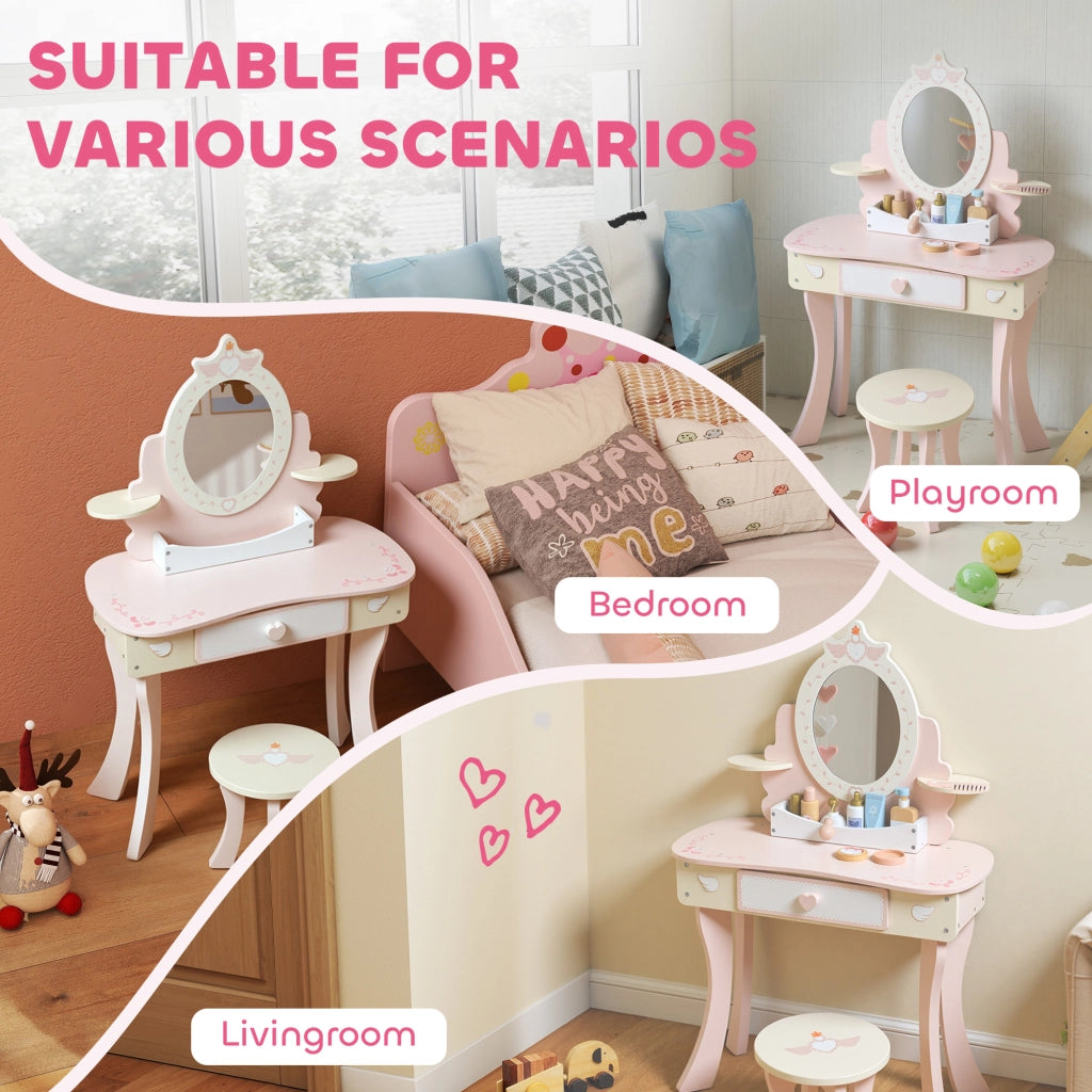 Set Toeletta per Bambine con Specchio e Sgabello con 7 Accessori in Legno Rosa