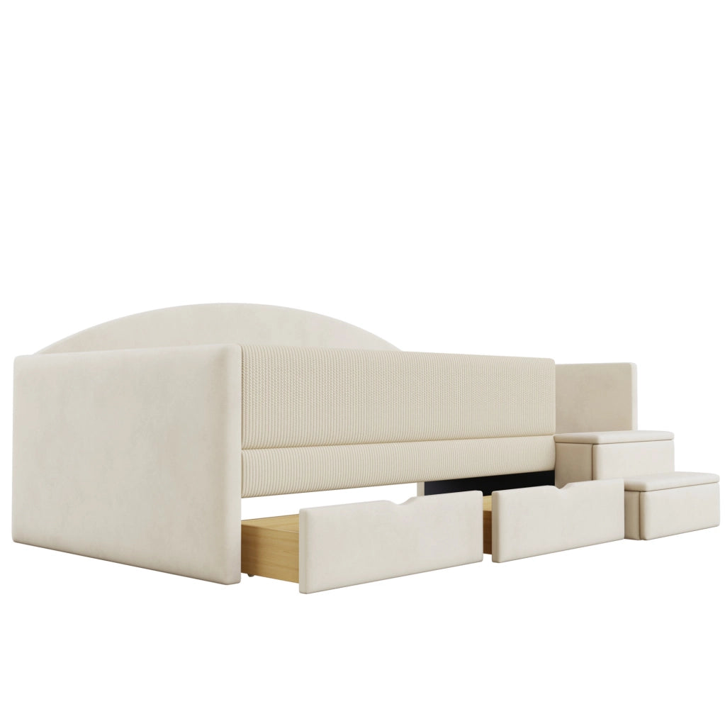 Letto imbottito 90x190 cm con 2 cassetti, sponde e gradini antiscivolo