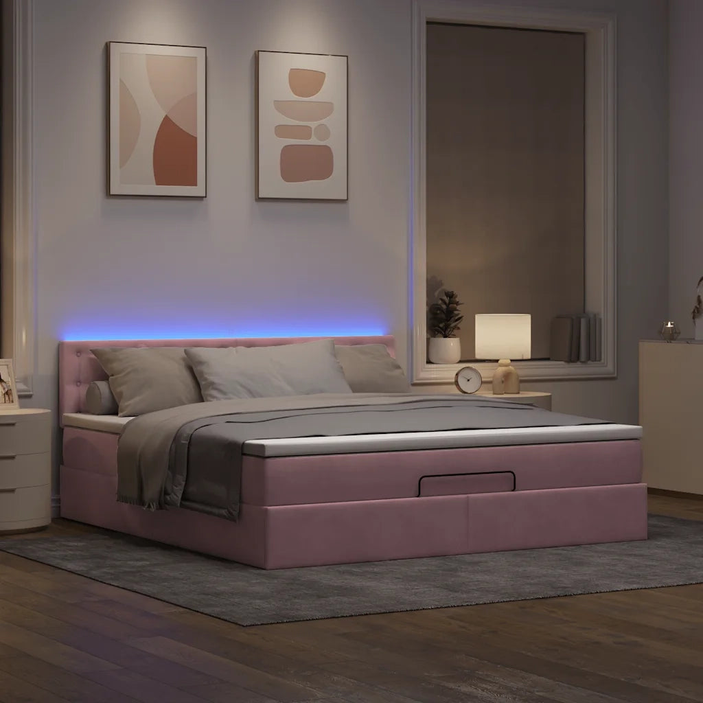 Struttura Letto Pouf con Materasso Rosa 160x200 cm in Velluto