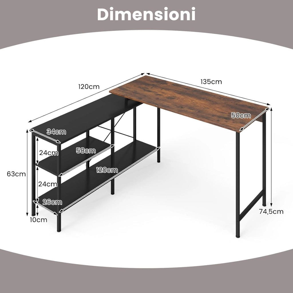 Scrivania Angolare Salvaspazio, Scrivania ad Angolo Gaming con Piano Regolabile in Lunghezza e 2 Ripiani Portaoggetti, Scrittoio Reversibile per Studio e Ufficio, 135x120x74,5cm
