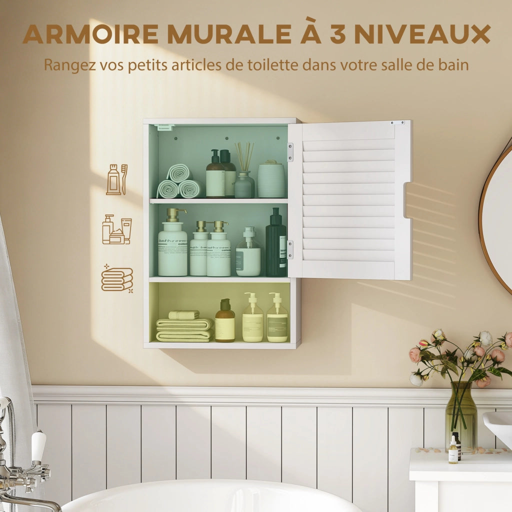 Armadietto da bagno sospeso con ante a doghe e ripiano regolabile ¨C zephmum ¨C bianco 40x20x60cm