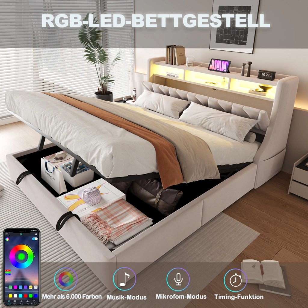 Letto matrimoniale 180x200 cm in velluto beige con contenitore; LED e testiera con prese USB/C