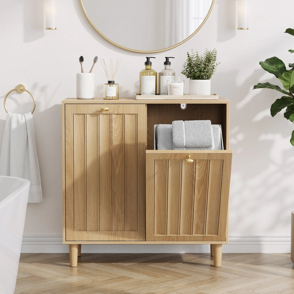 Mobile portasciugamani con 2 cesti rimovibili, finitura effetto rovere, struttura in MDF, per bagno e lavanderia