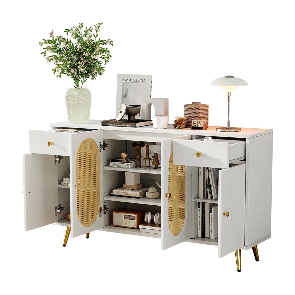 Commode buffet con 2 cassetti e 4 ante - Xylo - Bianco e toni naturali, L140xP35xH82 cm