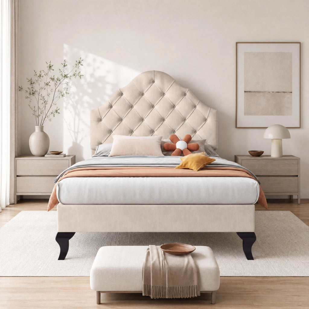 Letto singolo imbottito con rete e testiera regolabile 90x200 cm in velluto beige